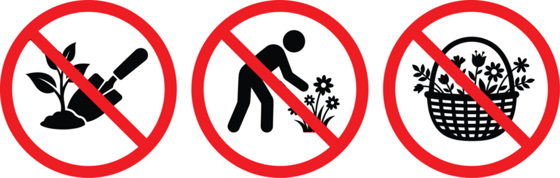 Forbidden Plant Harvesting Icon Set, Red Environmental Protection Sign Vectors on White