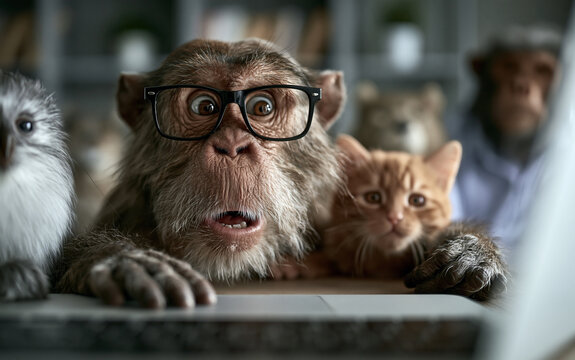 Shocked monkey wearing glasses working on laptop in modern office with animals