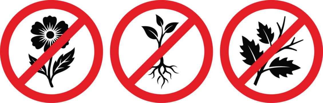 Restricted Plant Gathering Prohibition Icon Set, Red Park Safety Sign Vectors on White