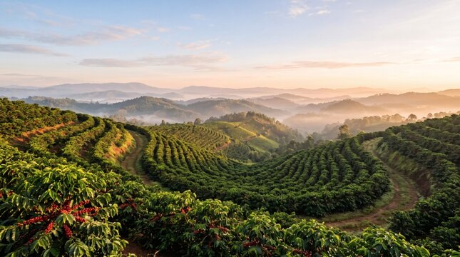 Beautiful sunrise over a terraced coffee plantation in the mountains.