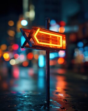Glowing Orange Neon Directional Arrow Sign