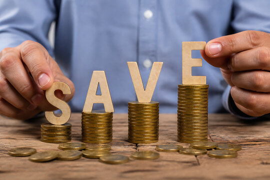 A person in a blue shirt is holding wooden letters spelling "SAVE" above stacks of gold coins on a wooden table.