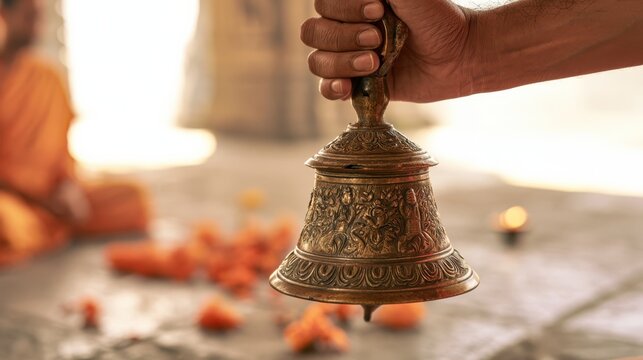 A hand holds an ornately designed brass bell, with blurred figures and orange petals scattered in the background, evoking a spiritual or ceremonial setting.