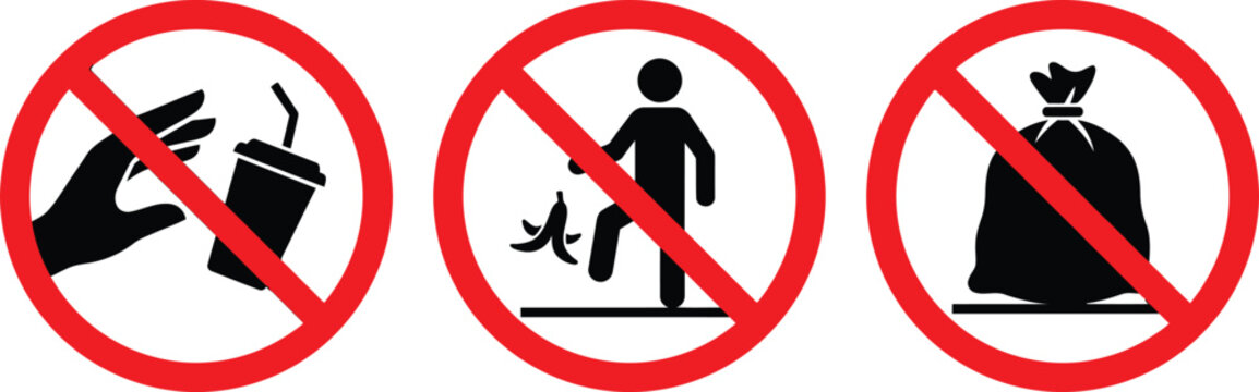 No Trash Dumping Prohibition Icon Set, Red Environmental Safety Sign Vectors on White
