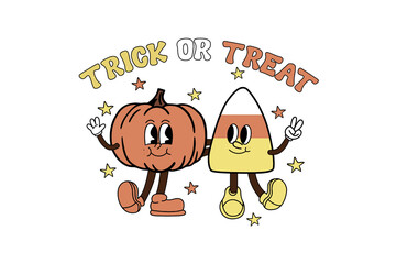 Fototapeta premium Retro Halloween Trick or Treat Pumpkin and Candy Corn Character Sublimation Design 