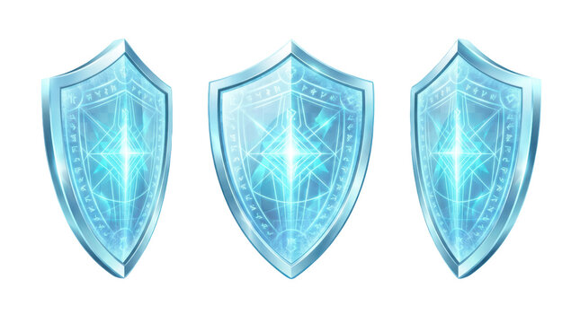 Set of three magical glowing blue shields with runic inscriptions isolated on transparent background