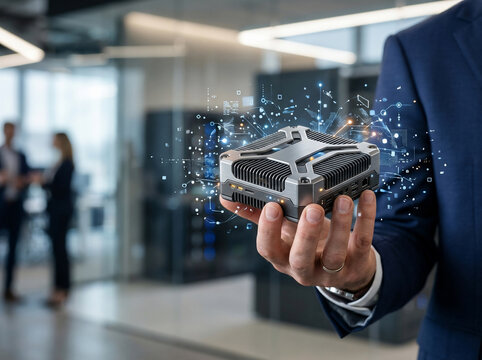 Business professional holding a compact highperformance mini computer with digital data visualization and network connectivity