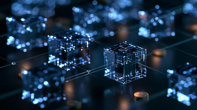 Glowing Digital Data Cube in Futuristic Blockchain and Network Technology System