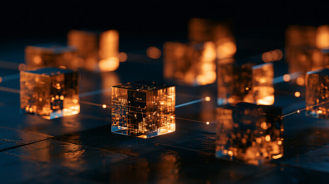 Glowing Transparent Data Cubes on Futuristic Digital Technology Background