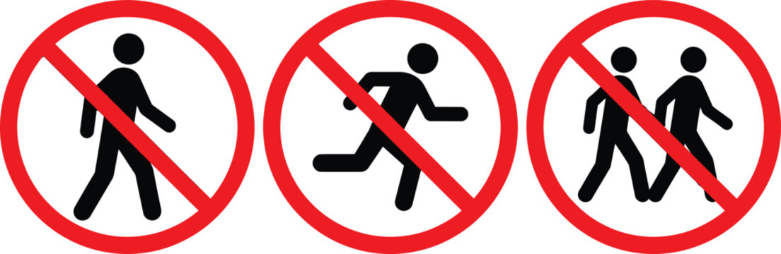 No Pedestrians Prohibition Icon Set, Red Pedestrian Warning Sign Vectors on White