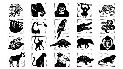 Naklejka premium Collection of black jungle animal vector icons featuring elephant, parrot, crocodile, turtle, monkey, gorilla, toucan for graphic design. Vector set.