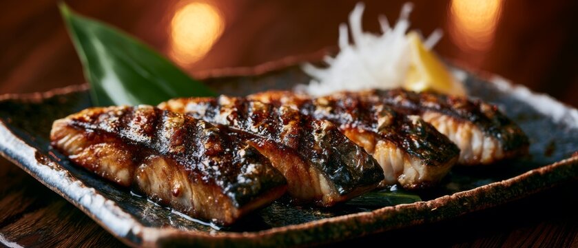 Grilled fish fillets with charred glaze served on ceramic plate in warm Japanese dining scene