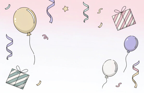 Birthday celebration party background with colorful balloons, gift boxes and confetti
