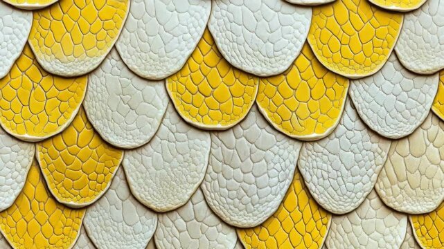 Texture of overlapping yellow and white reptile scales