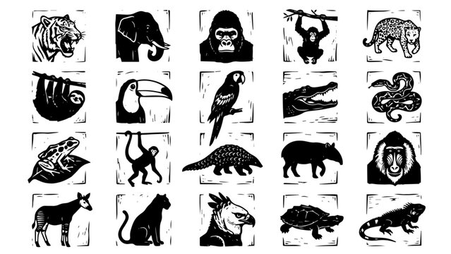 Collection of black jungle animal vector icons featuring elephant, parrot, crocodile, turtle, monkey, gorilla, toucan for graphic design. Vector set.