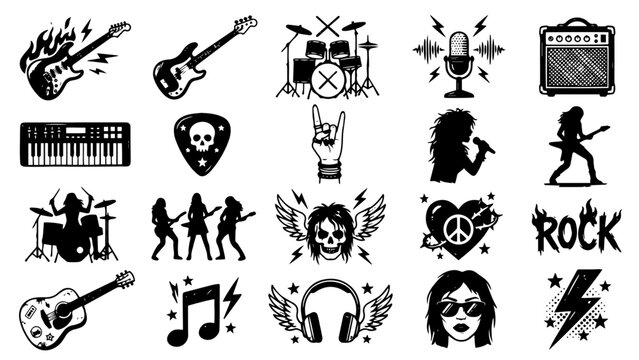 Rock and roll doodle vector set with guitars, skulls, headphones, and music icons. Hand-drawn punk / rock illustrations perfect for stickers, posters, apparel, and band designs. Vector set.