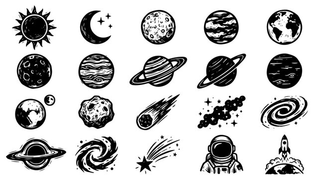 Set of vector planet icons including gas giants with rings rocky moons and solar system orbits isolated on white background for astronomy projects