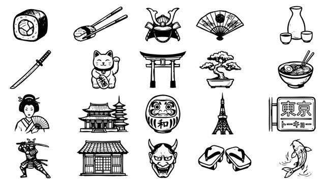 Japan icon set with japanese symbols, Japan sakura torii gate bonsai lucky cat and sushi. Vector set