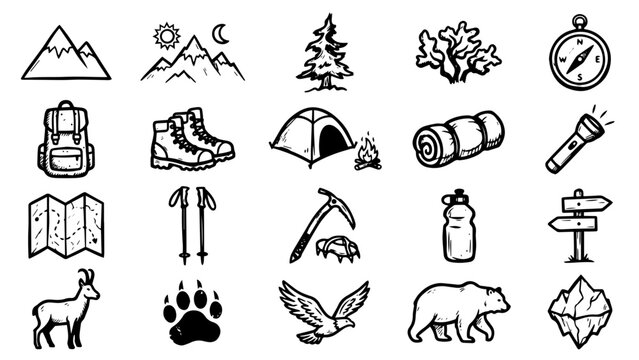 Outdoor Leisure and Nature Icons Set with Hiking Camping Animals and Adventure Pictograms. Vector set