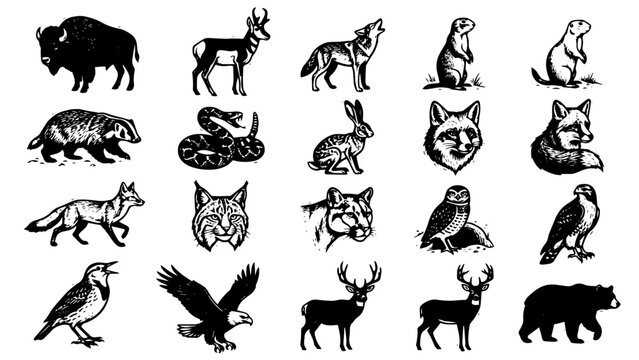 Collection of black forest animal vector icons featuring bear deer howling wolf fox rabbit owl flying eagle fox snake buffalo moose for graphic design