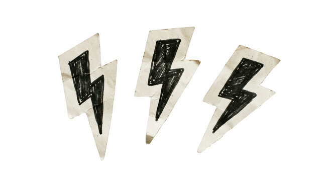 Three handdrawn lightning bolt shapes on paper isolated on transparent background