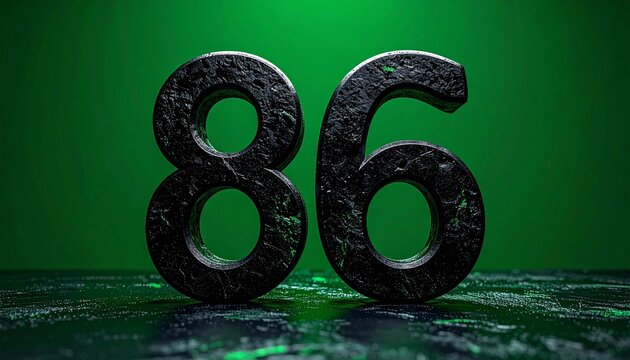 Textured Dark Metallic Number 86 Standing Centered on Vivid Green Background