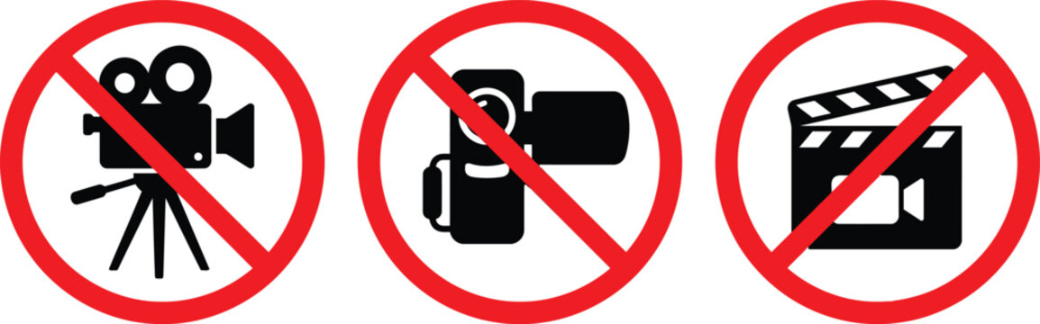 No Video Recording Prohibition Icon Set, Red Security Warning Sign Vectors on White