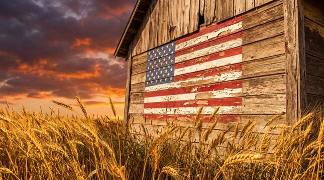 faded american flag painted on old wooden barn in golden wheat field under dramatic sunset sky. rural agriculture and patriotism concept. independence day. banner, website header with copyspace.