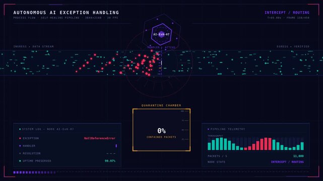 Autonomous AI exception handling system with glowing teal data pipeline and purple hexagonal node processing red anomalies into quarantine chamber. professional stock footage for technology, business,