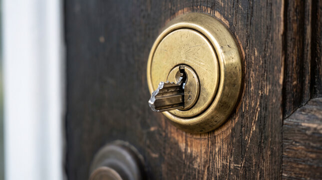 A piece of a key is sticking out of a brass door lock on a wooden door