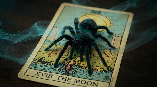 Spooky Halloween scene with a large dark spider resting on the moon tarot card surrounded by mystical smoke and ethereal green glowing fog effects