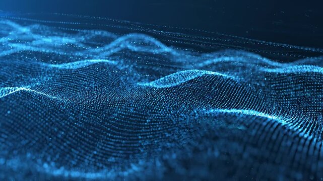 Luminous blue digital waves in abstract motion during a dark atmospheric background with subtle light shifts