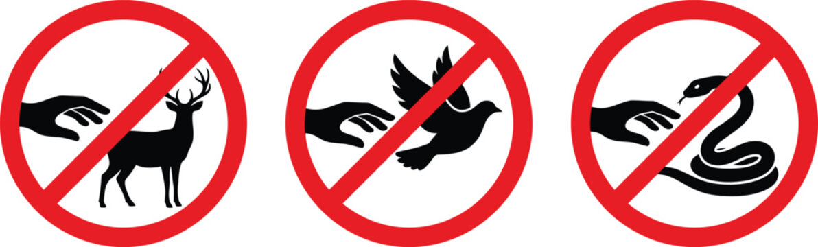 Forbidden Petting Animals Icon Set, Red Wildlife Protection Sign Vectors on White