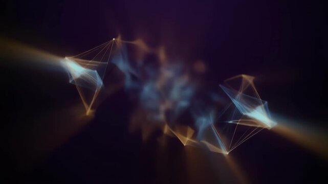 Abstract glowing network of interconnected blue and orange triangular shapes