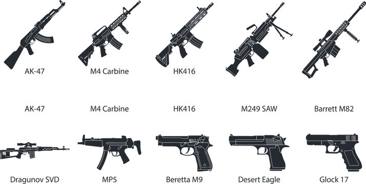 Modern Military Assault Rifles Sniper Rifles Submachine Guns and Handguns Silhouette Vector Icon Grid Set