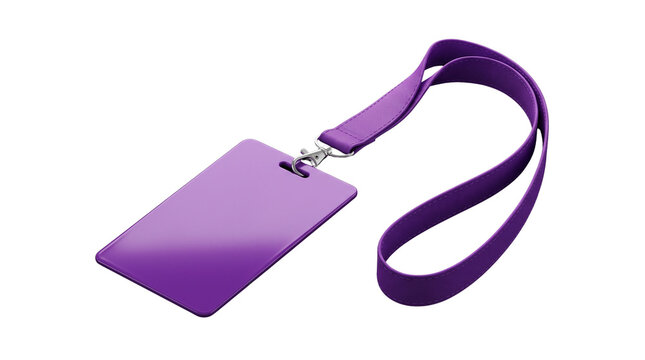 Purple lanyard with blank ID card badge. Professional identification tag for corporate events. Plastic name holder with fabric neck strap. isolated PNG with Transparent Background