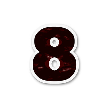 A stylized number eight with a distressed paper like texture is presented on transparent background digit numeric symbol figure textured crimson ruby