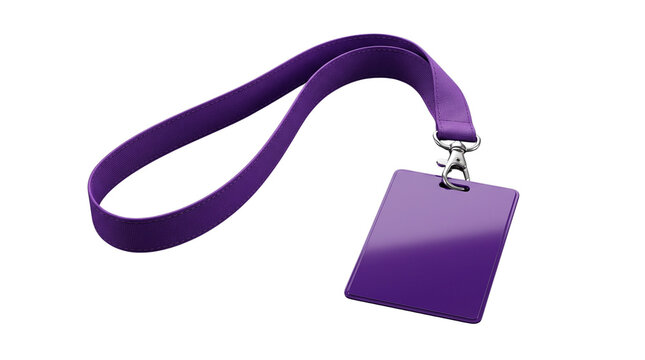 Purple lanyard with plastic ID card holder, corporate security badge mockup, professional event name tag with neck strap isolated PNG with Transparent Background