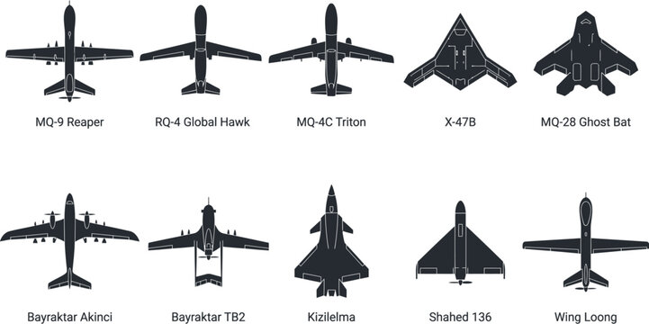 Military Combat Armed Drones High Altitude Reconnaissance UAVs and Stealth UCAVs Silhouette Vector Grid