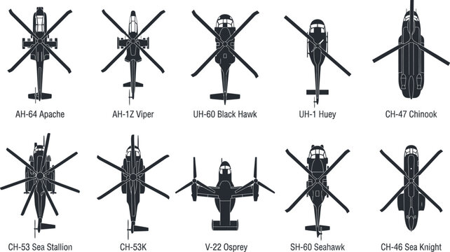 Military Attack Gunships Heavy Cargo Transport and Multi-Mission Naval Helicopters Silhouette Vector Grid