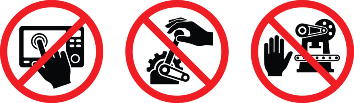 Do Not Touch Machinery Prohibition Icon Set, Red Factory Safety Sign Vectors on White