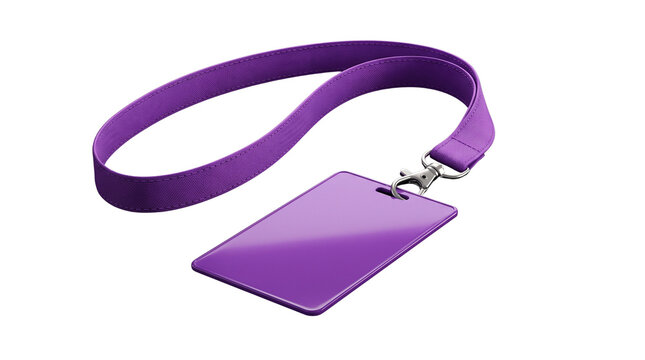 Purple lanyard with blank ID card badge, corporate identification name tag mockup, professional event security pass with fabric neck strap isolated PNG with Transparent Background