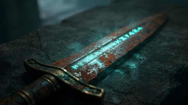 A glowing, ancient, rusted dagger with runic inscriptions, hinting at mystical power and eerie halloween vibes, resting on a weathered stone surface