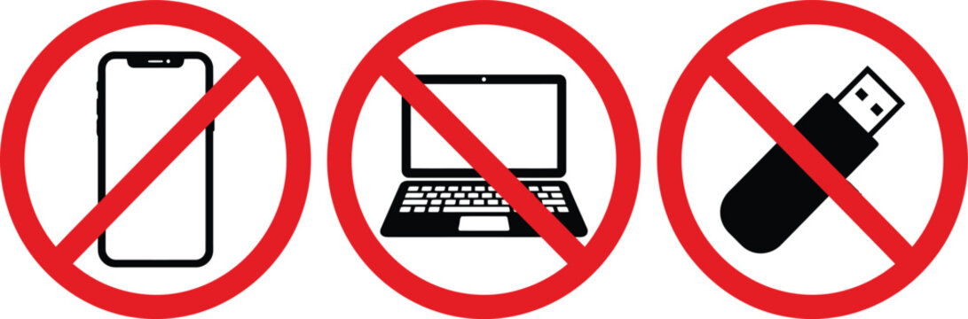 No Unauthorized Devices Prohibition Icon Set, Red Security Warning Sign Vectors on White
