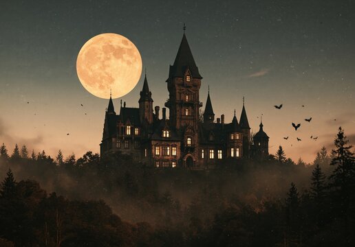 A gothic castle rises behind a spooky graveyard under scary night sky. Twisted trees frame the winding stone path on a dark Halloween night, creating a mysterious vampiric fantasy scene.