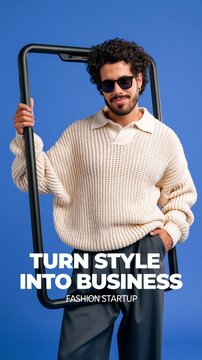 Stylish young Black man in a cream knit sweater standing inside a modern frame, with &ldquo;Turn Style Into Business&rdquo; typography, promoting fashion entrepreneurship, pers7b42e5f9-1d2d-44e3-8323-bf27e8a710b7