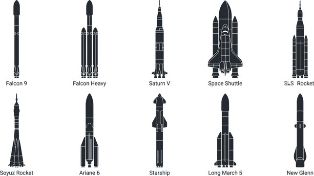 Orbital Heavy Lift Space Launch Vehicles Rockets Space Shuttle and Starship Silhouette Vector Icon Grid Set