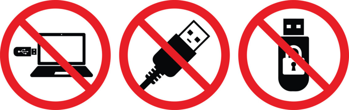 Forbidden USB Connection Icon Set, Red Hardware Restriction Sign Vectors on White