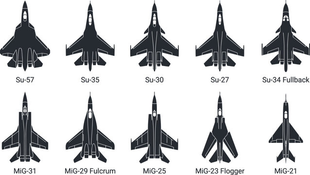 Russian and Soviet Supersonic Air Superiority Strike Fighter Jets and Interceptors Silhouette Vector Grid