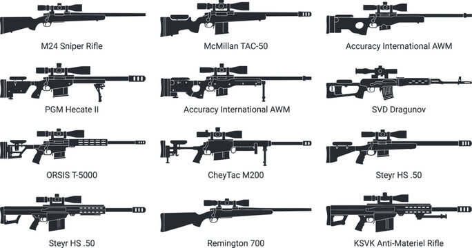 Military Precision Long-Range Sniper Rifles Bolt-Action and Heavy Anti-Materiel Firearms Vector Grid Set